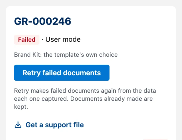 A failed run on the Generation Runs tab: its status, Brand Kit, the Retry failed documents button and Get a support file.