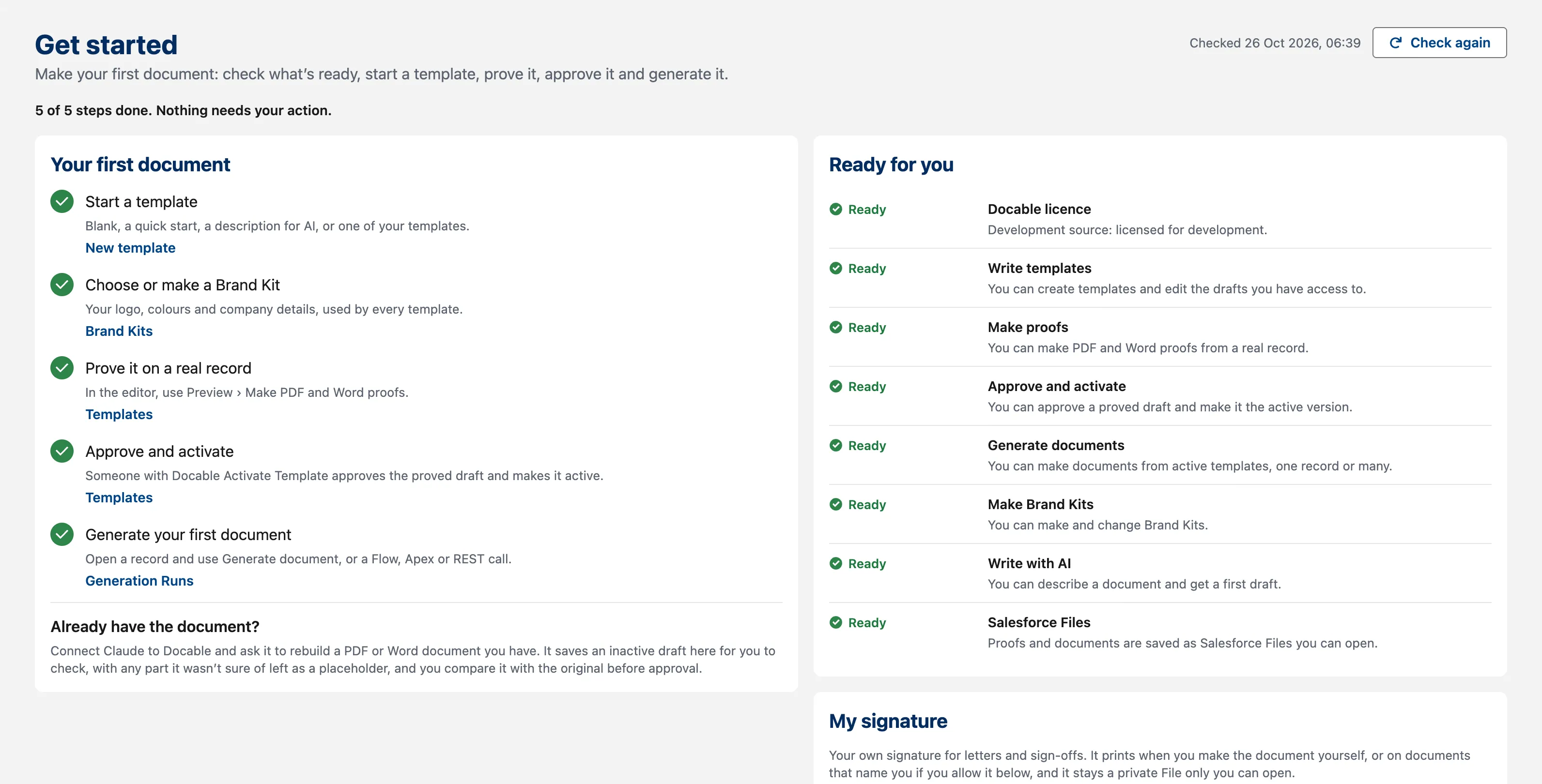 The Get started tab: Your first document, five steps with a link each, and Ready for you, every check green.