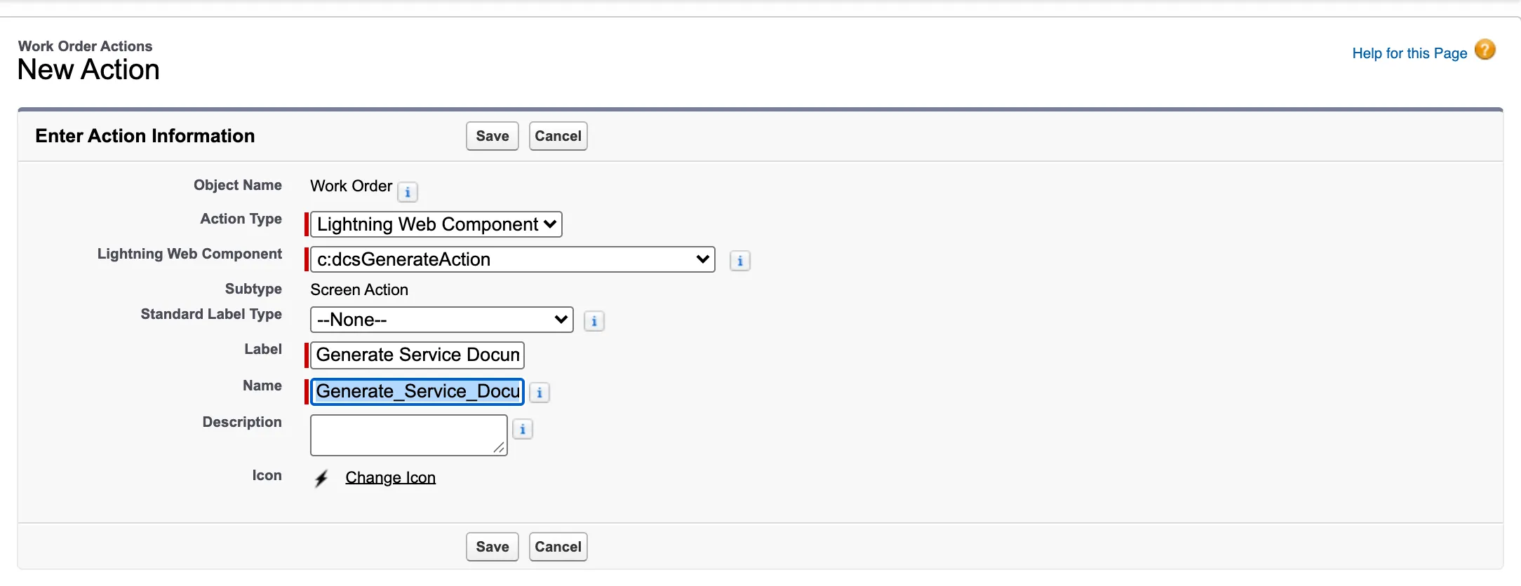 New Action on Work Order: Action Type Lightning Web Component, the Docable Generate Document component, and the label Generate Service Document.