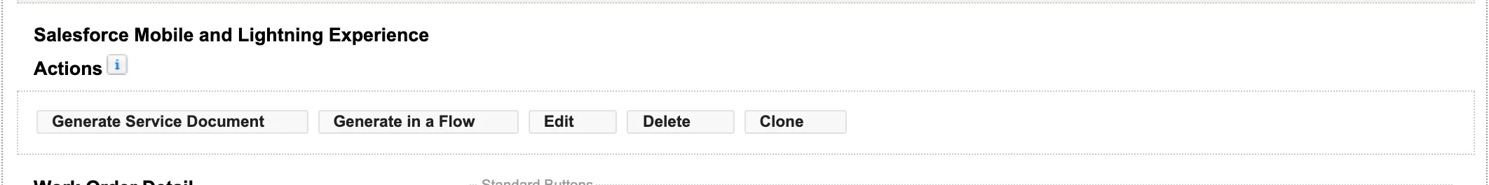 The Work Order page layout: Generate Service Document among the Salesforce Mobile and Lightning Experience Actions.