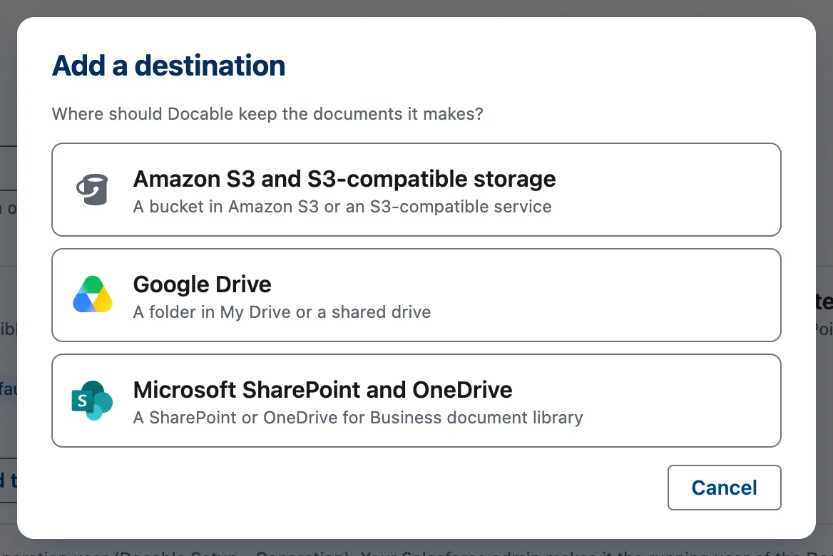 Add a destination: choose Amazon S3 and S3-compatible storage, Google Drive, or Microsoft SharePoint and OneDrive.
