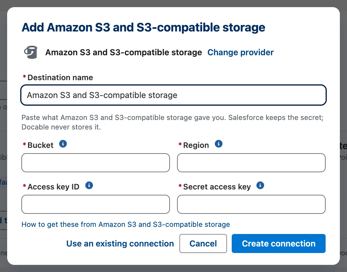 Add Amazon S3: the destination name, bucket, region, access key ID and secret access key, then Create connection.
