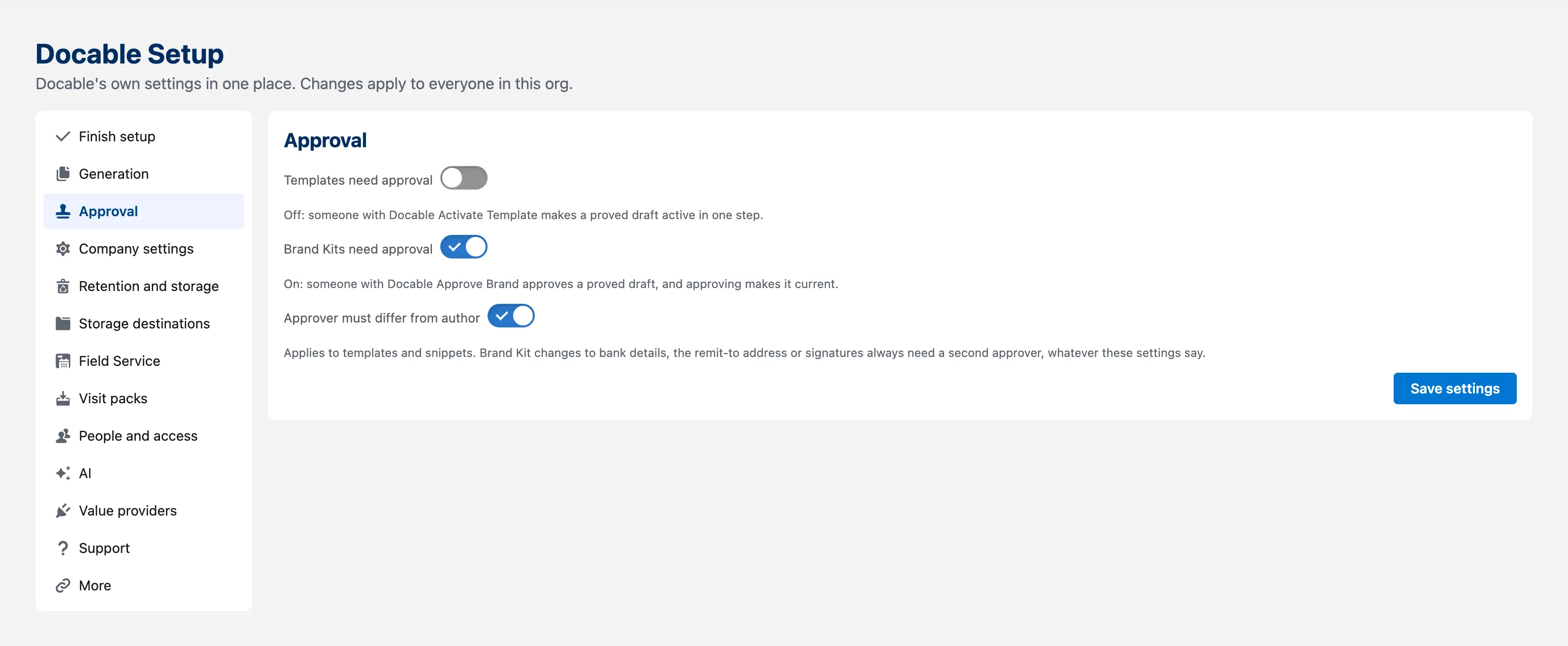 Docable Setup › Approval: Templates need approval, Brand Kits need approval, Approver must differ from author, and Save settings.