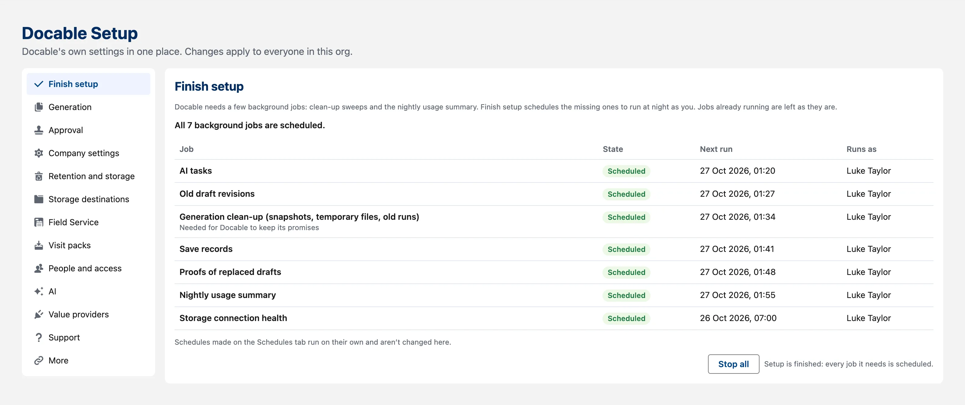 Docable Setup open on Finish setup: the section list on the left and the background jobs table, every job scheduled.