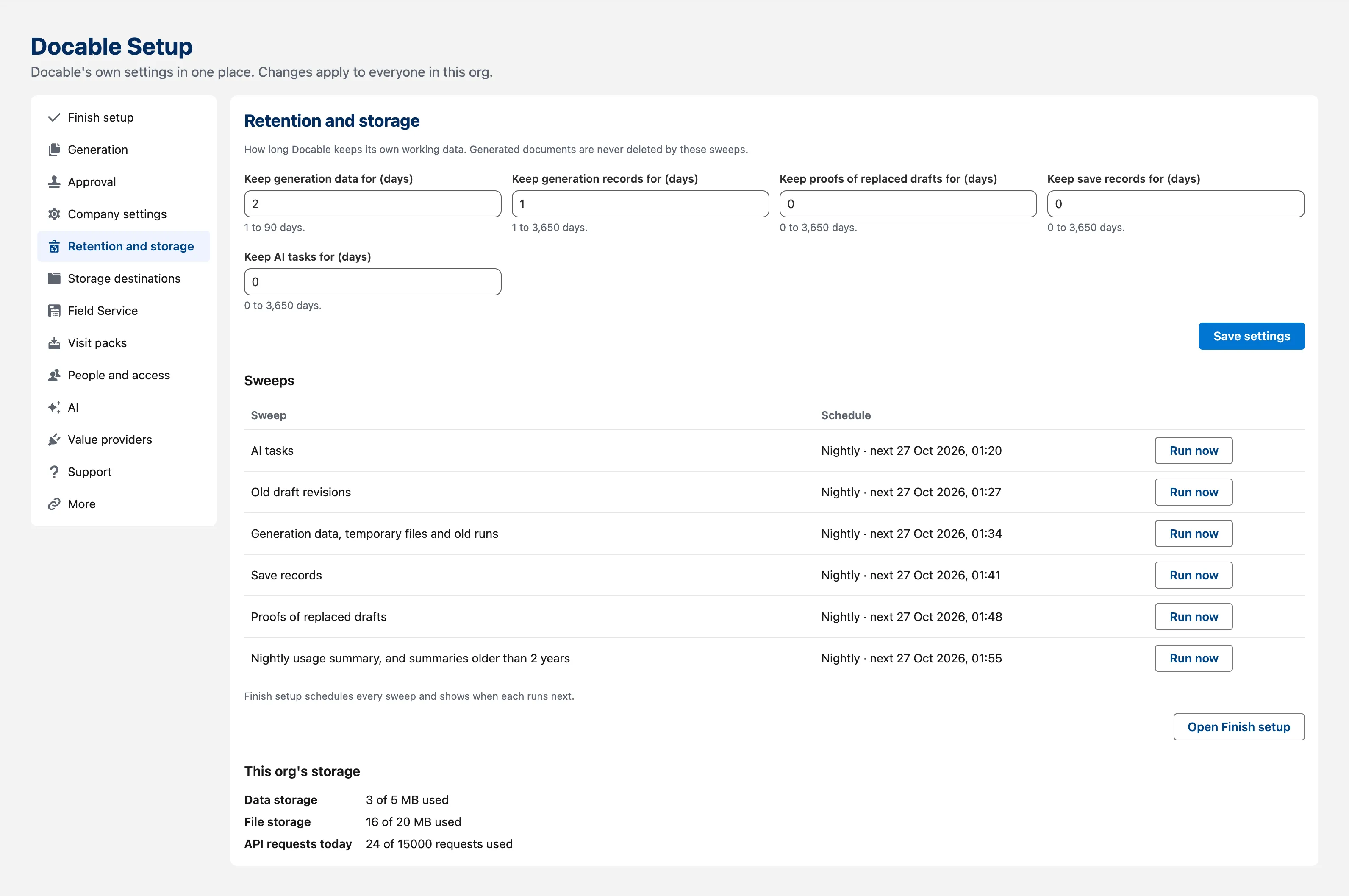 Docable Setup › Retention and storage: the Keep … for (days) fields, the nightly sweeps with Run now, and this org's storage.