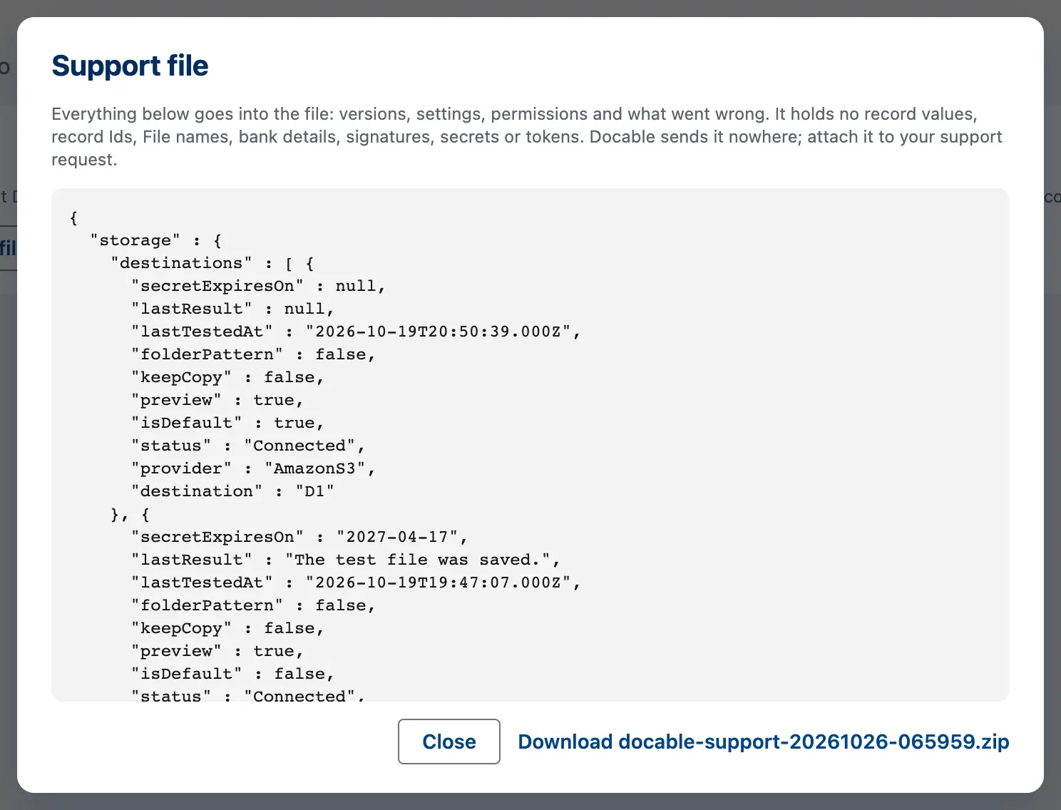 The Support file dialog: what the file holds, a preview of its contents, and the download link.
