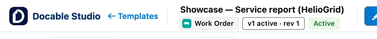 The app bar after activation: the version badge v1 active · rev 1 and the status badge Active.