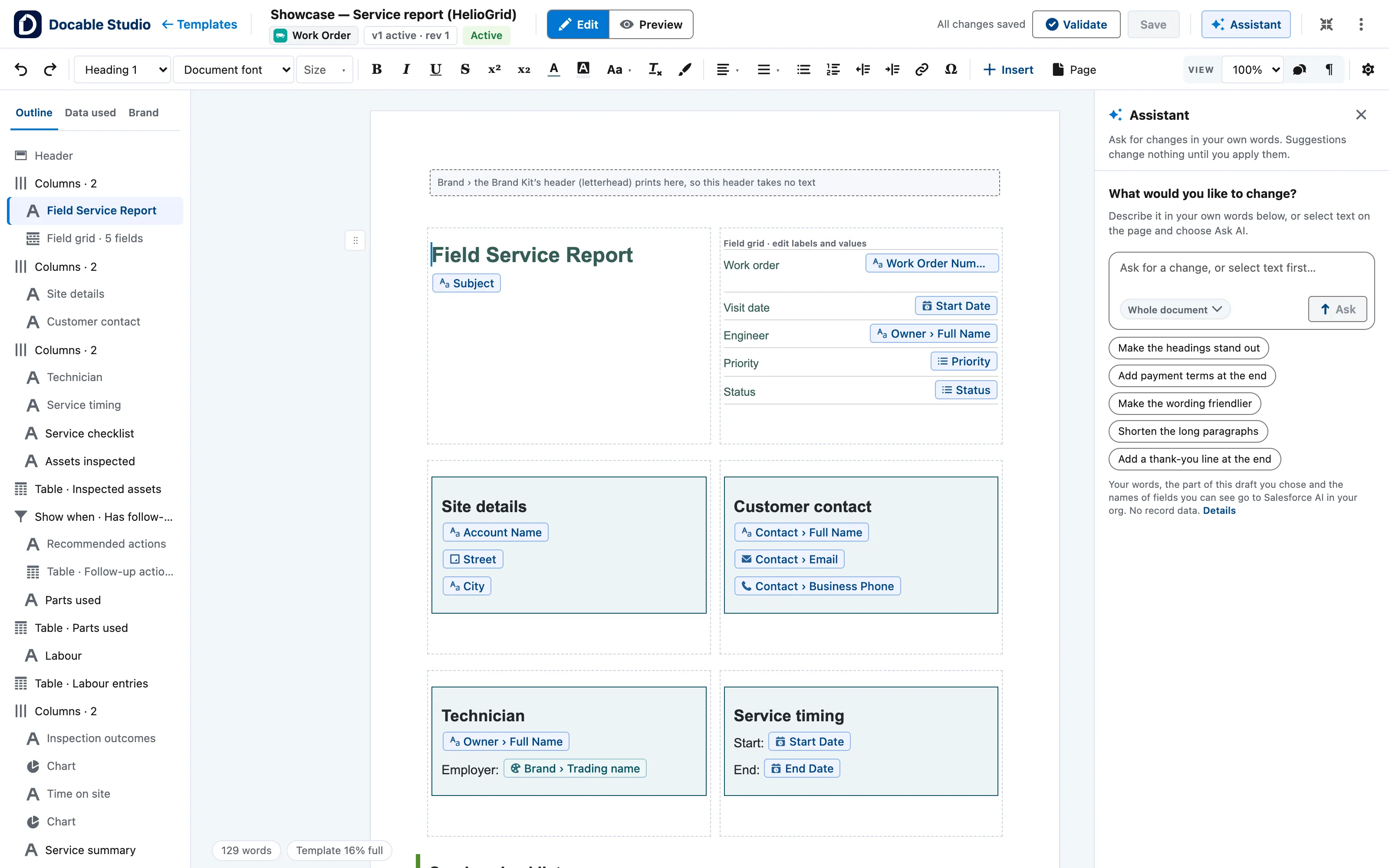 The Assistant panel beside the editor: the Whole document scope, the Ask for a change box and the suggestions it offers.