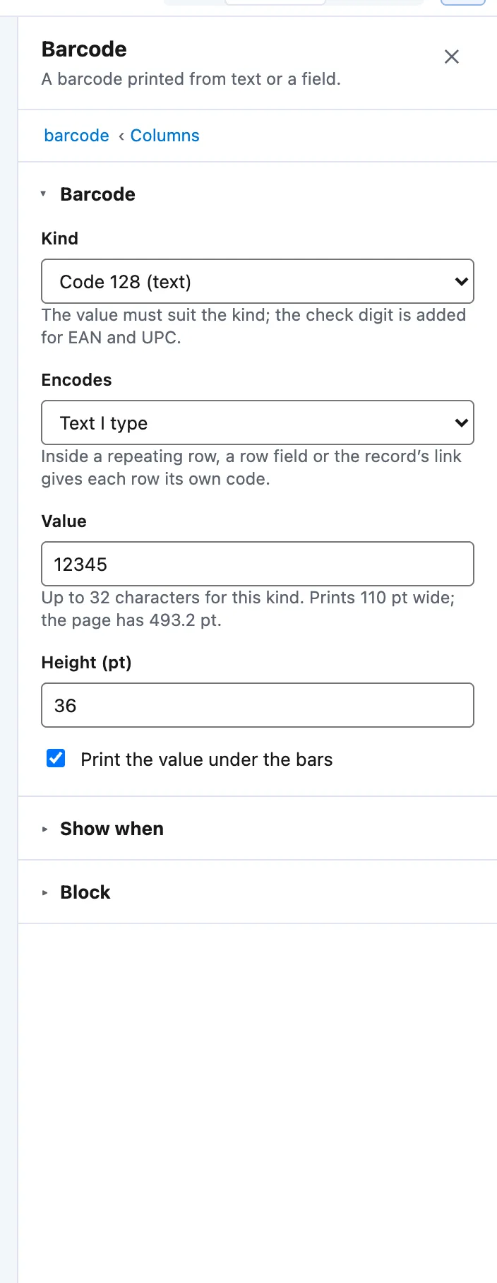 The Barcode panel: Kind, Encodes, Value, Height (pt) and Print the value under the bars.