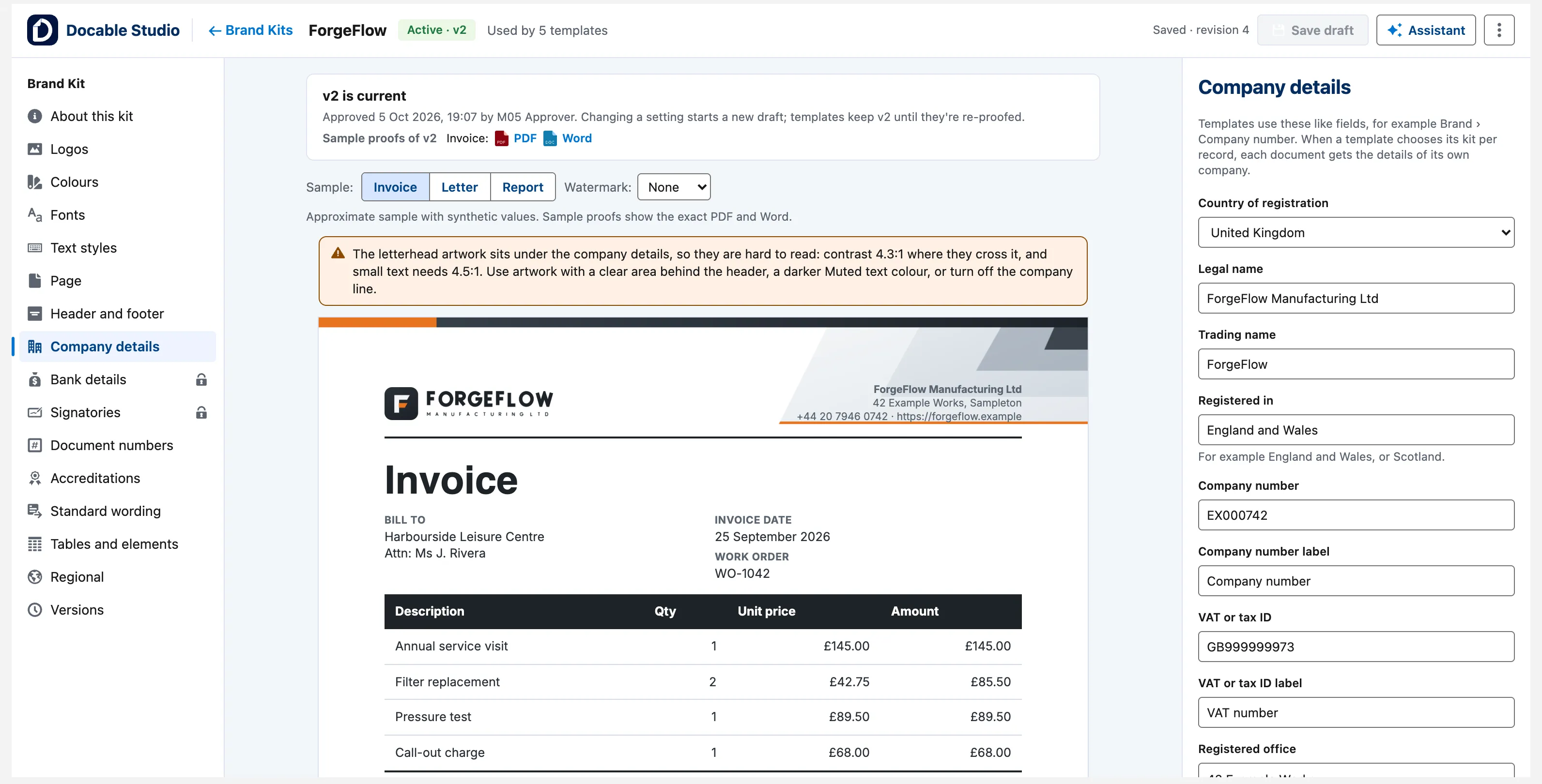 The kit editor on Company details: the section list on the left, the sample invoice in the middle, and the company fields on the right.
