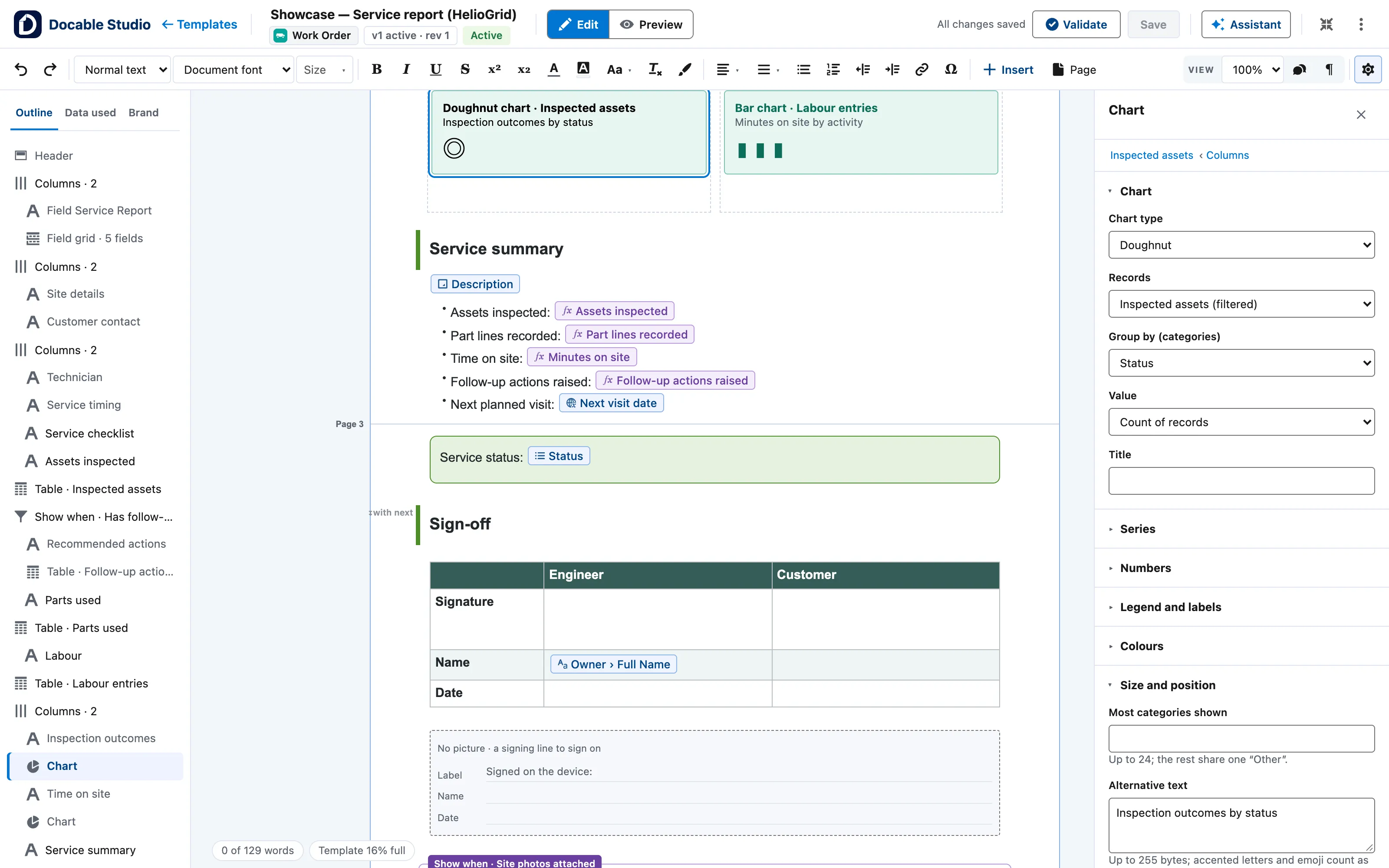 The Chart panel for a doughnut chart of inspected assets: Chart type, Records, Group by, Value and Title.