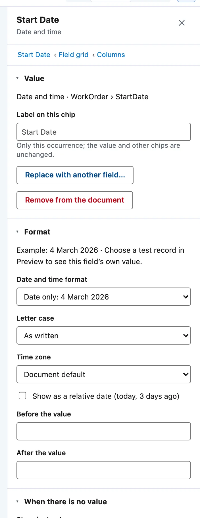A date chip's panel: Value, Label on this chip, Format (date and time format, letter case, time zone) and When there is no value.