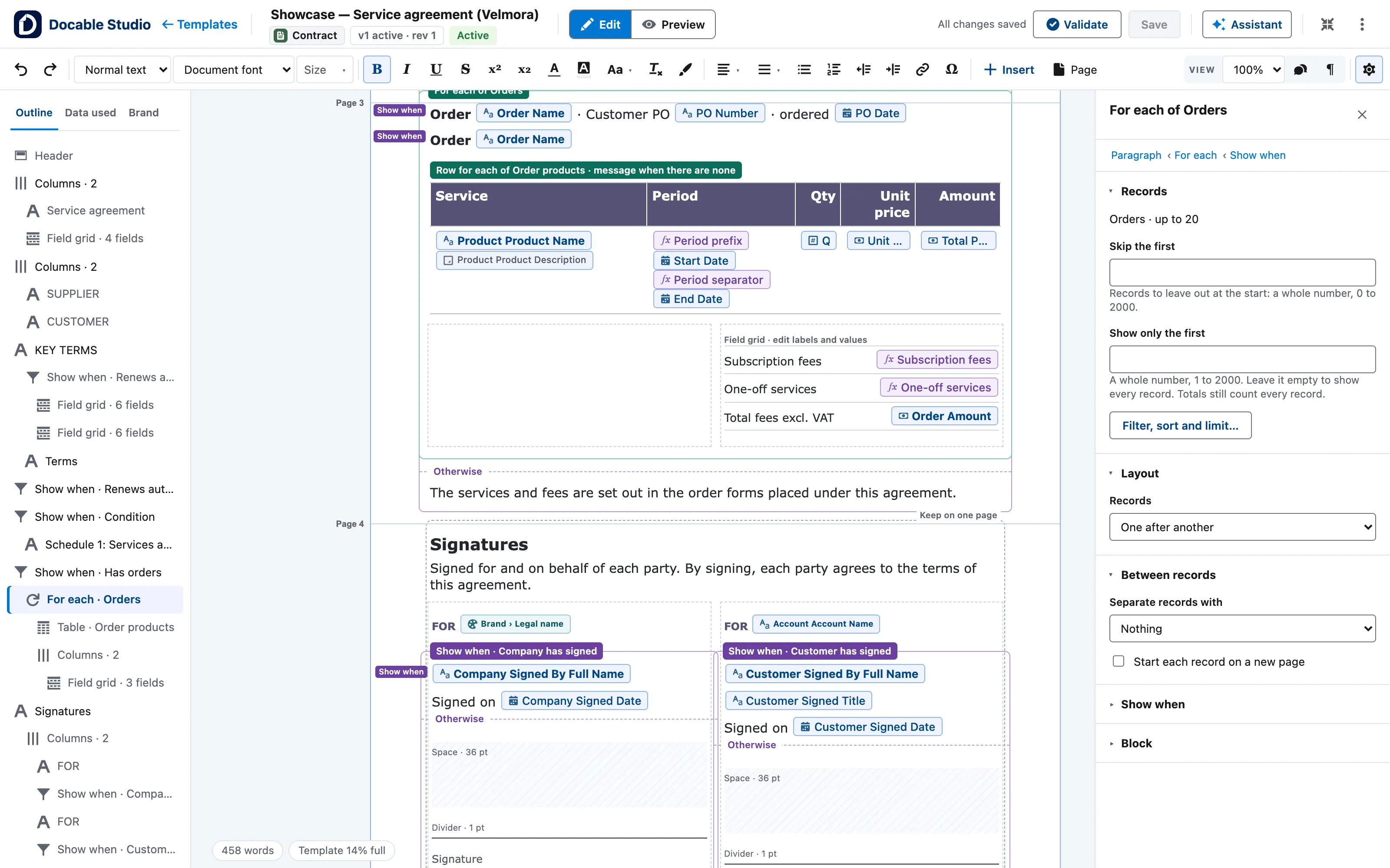 A For each of Orders section in a service agreement, with its panel: Records (Skip the first, Show only the first, Filter, sort and limit…), Layout and Between records.