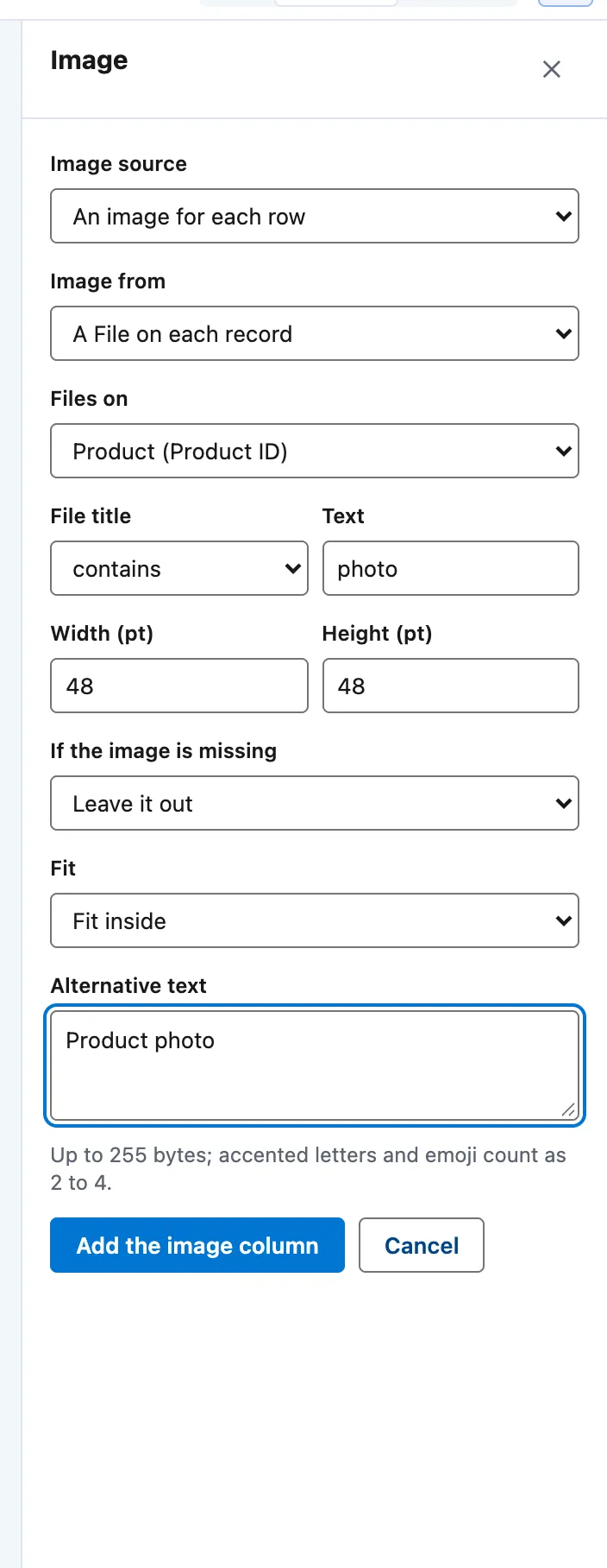 Image column settings: Image from A File on each record, Files on, File title contains photo, width and height, If the image is missing, Fit and Alternative text.