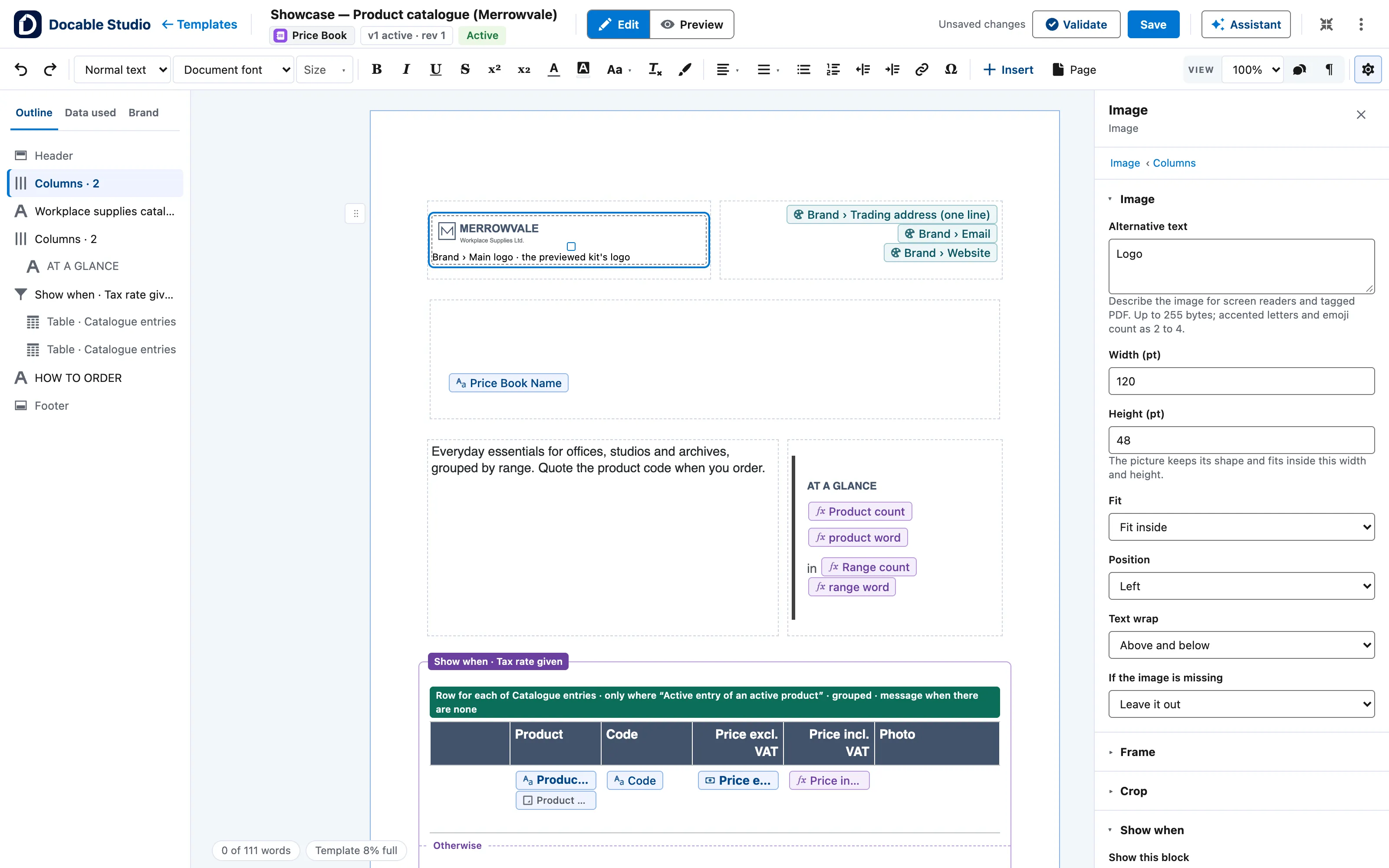 A logo selected on the page with its Image panel open: Alternative text, Width (pt), Height (pt), Fit, Position, Text wrap and If the image is missing.