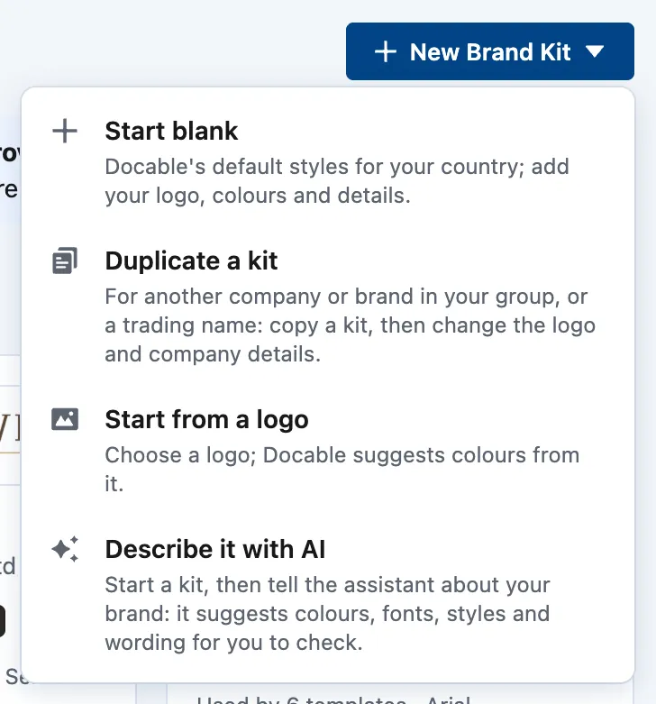 The New Brand Kit menu: Start blank, Duplicate a kit, Start from a logo, and Describe it with AI.