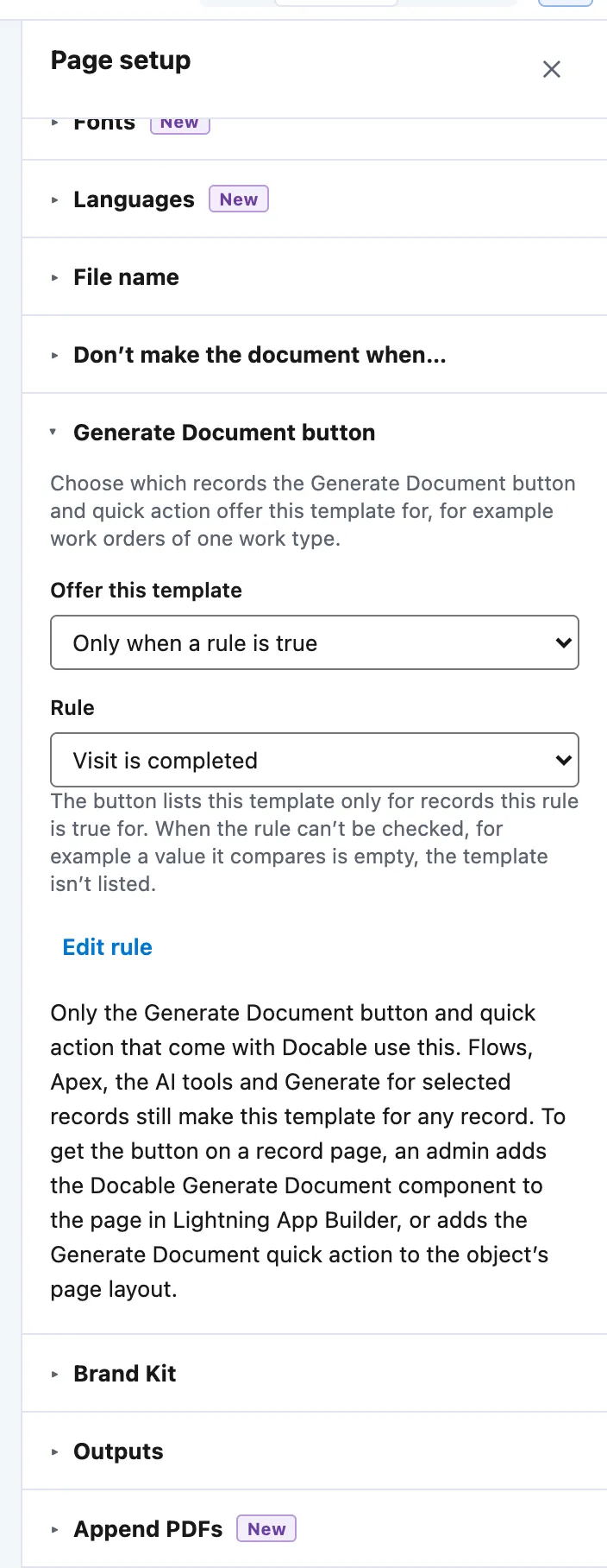 Page setup › Generate Document button: Offer this template Only when a rule is true, the rule Visit is completed, and Edit rule.