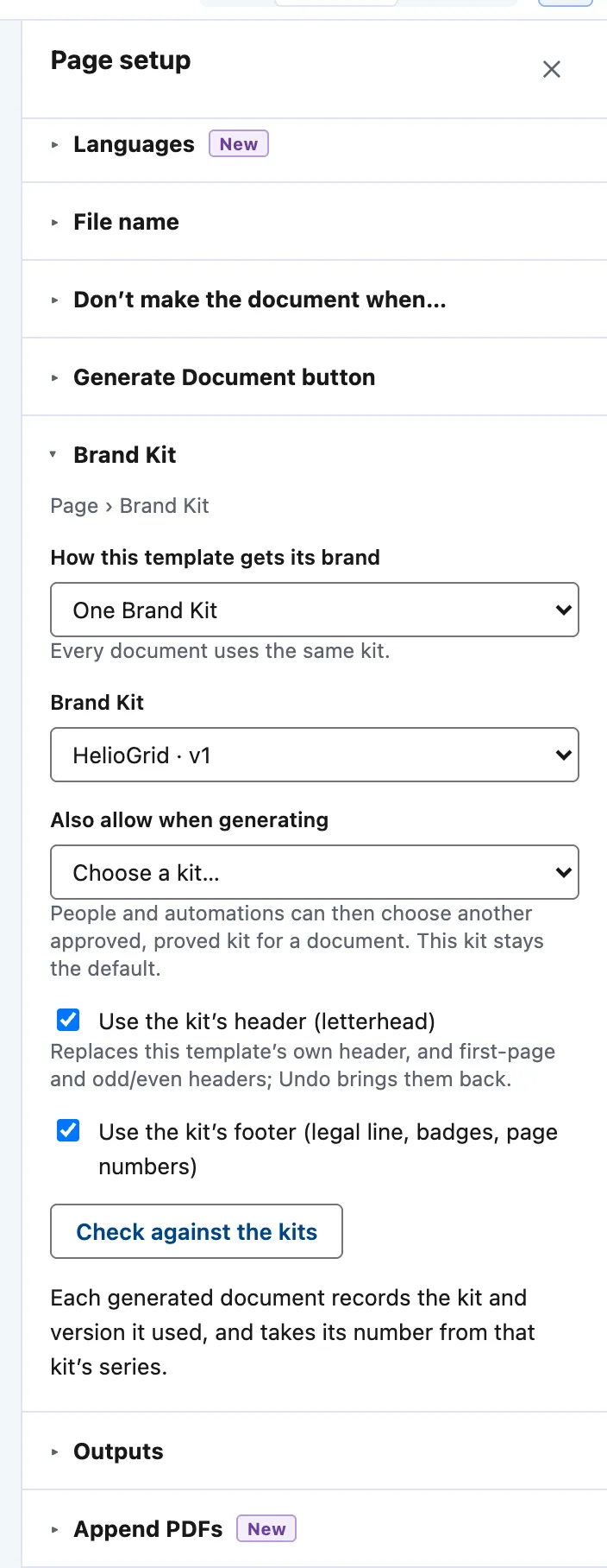 Page setup › Brand Kit: how the template gets its brand, the kit and version, Also allow when generating, and the kit's header and footer.