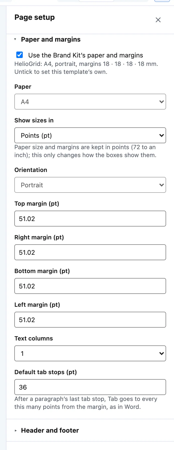 Page setup › Paper and margins: Use the Brand Kit's paper and margins, Paper, Orientation, the four margins, Text columns and Default tab stops.