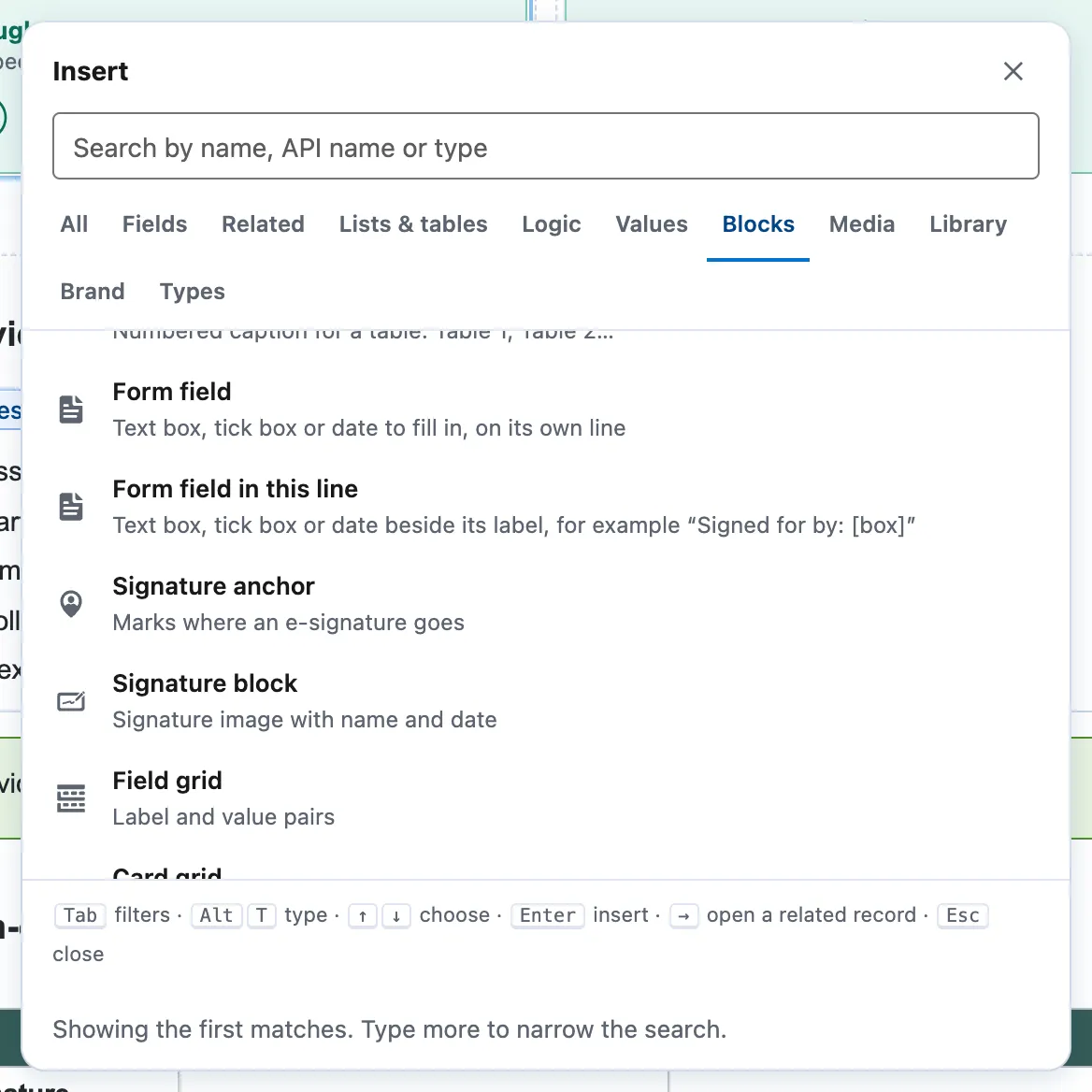 The Insert picker on the Blocks tab: Signature anchor and Signature block among the blocks.
