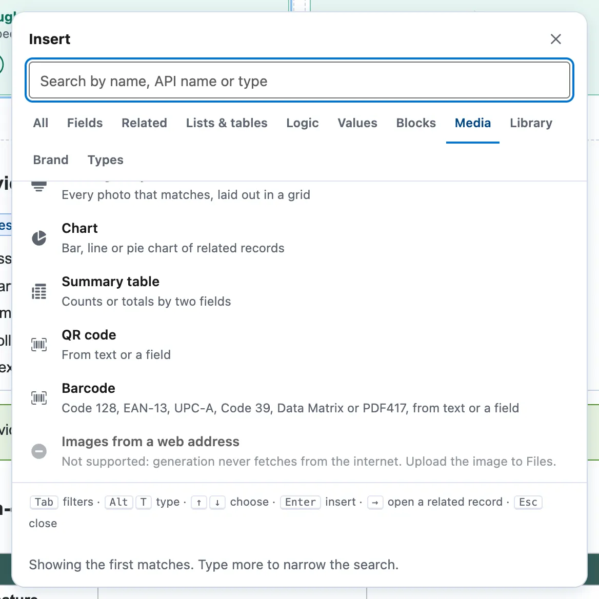 The Insert picker on the Media tab: Chart, Summary table, QR code and Barcode.