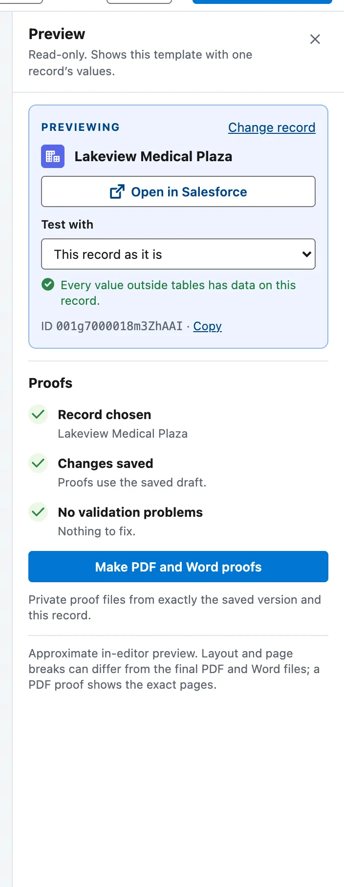 The Proofs section with every step done: Record chosen, Changes saved, No validation problems, and Make PDF and Word proofs.