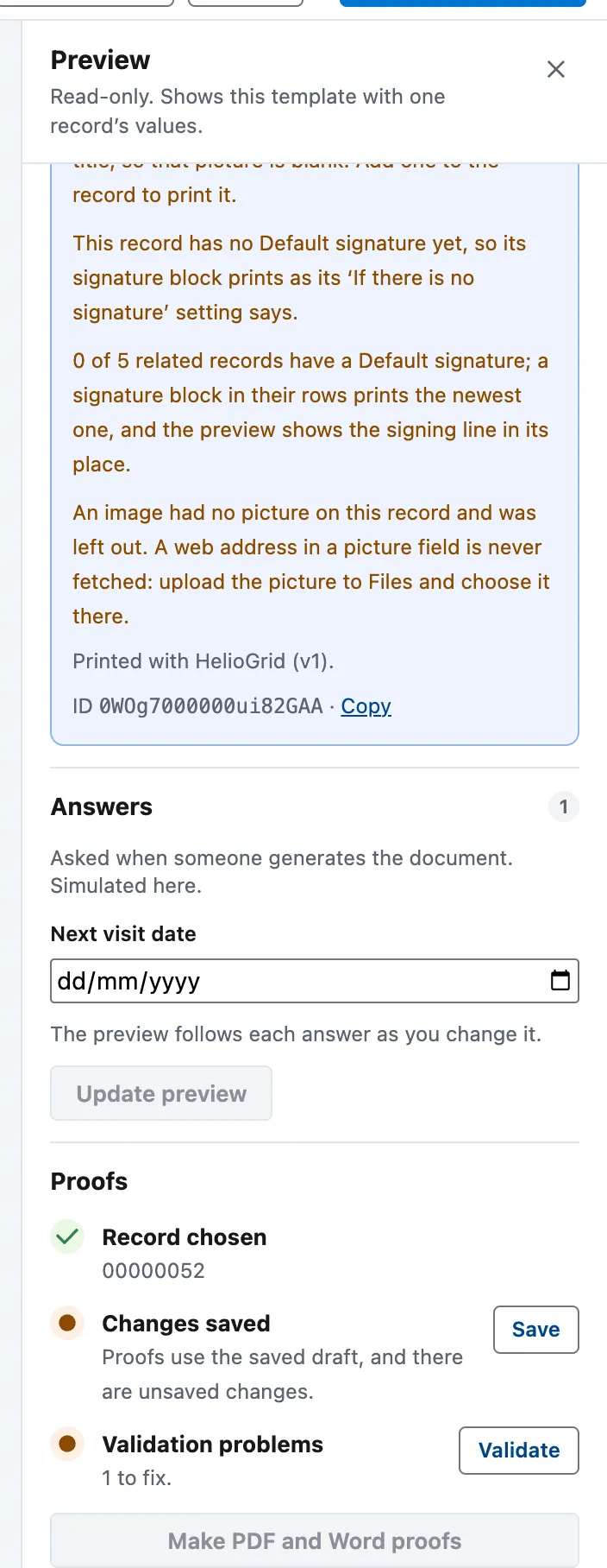 The Preview panel with a record chosen: the preview notes, the Answers box, and the Proofs section's three steps, two still to do.