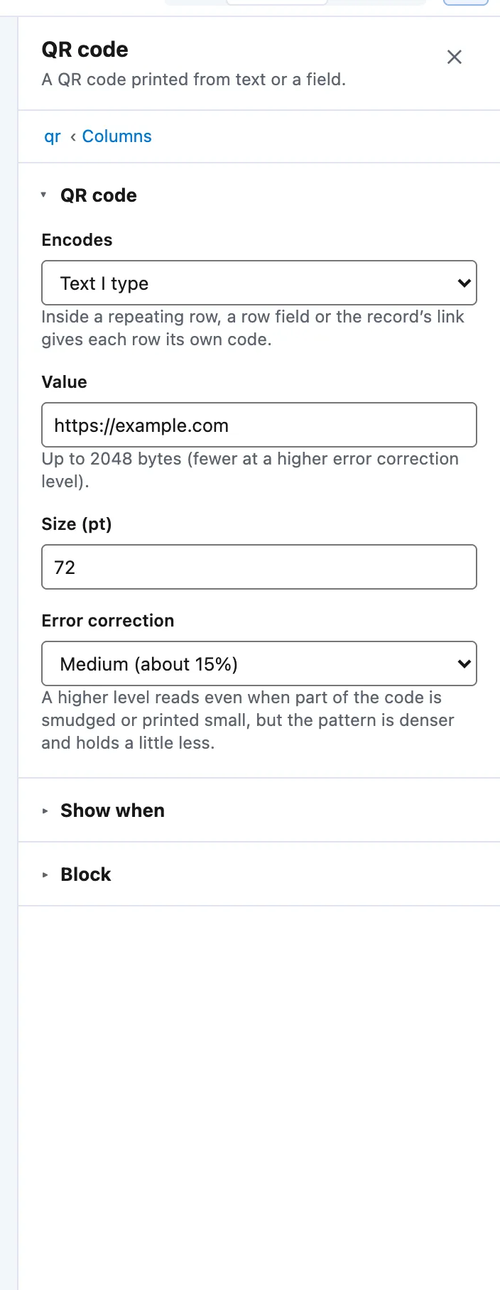 The QR code panel: Encodes, Value, Size (pt) and Error correction.