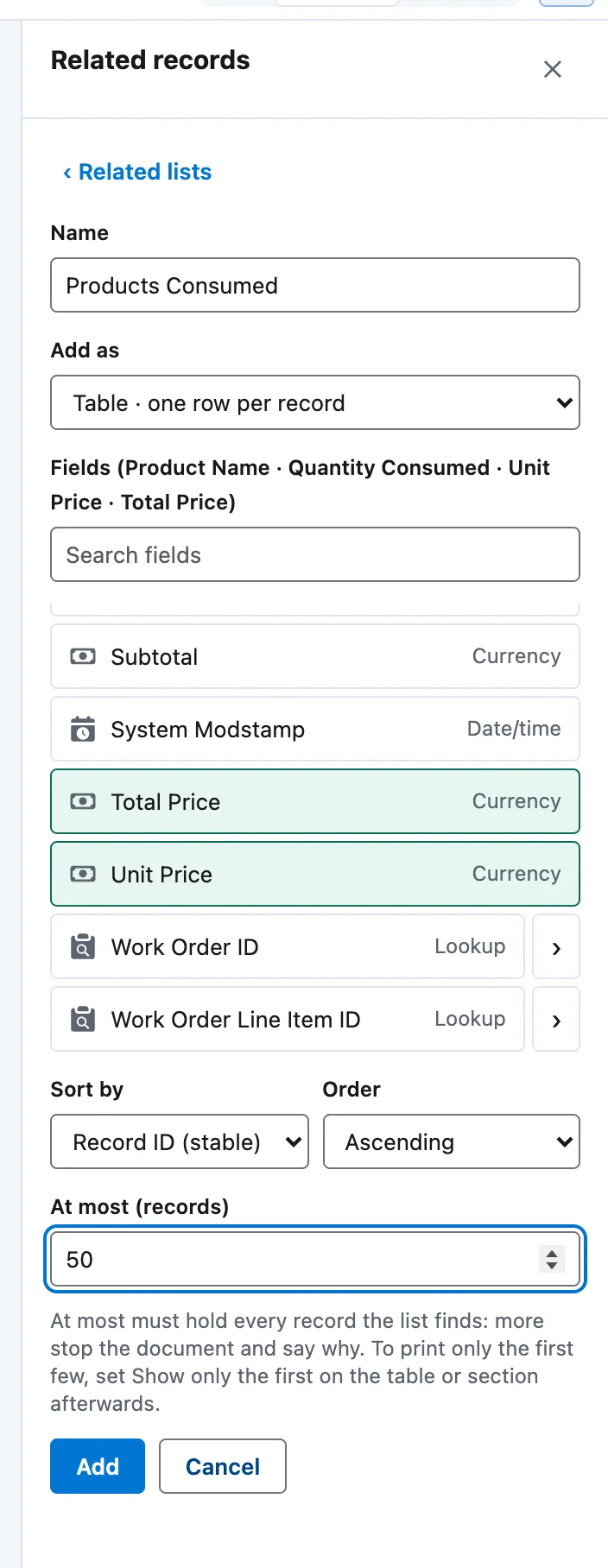 The Related records builder: Name, Add as Table · one row per record, the fields ticked, Sort by, Order and At most (records).