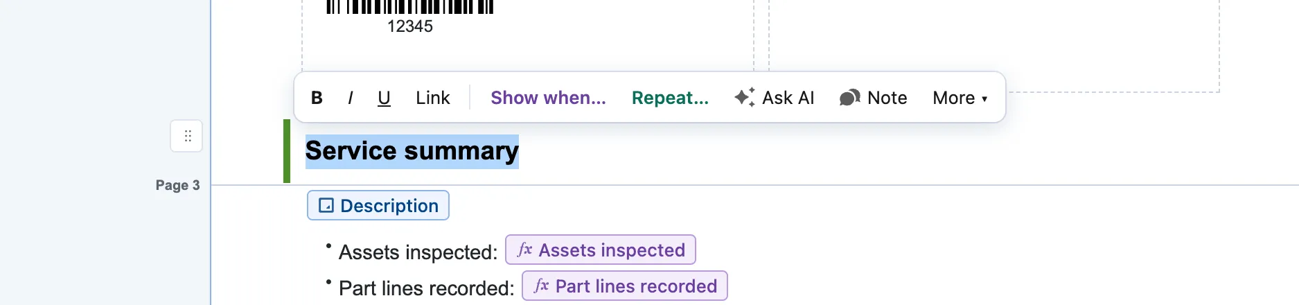 The selection bar over a selected heading: Link, Show when…, Repeat…, Ask AI, Note and More.