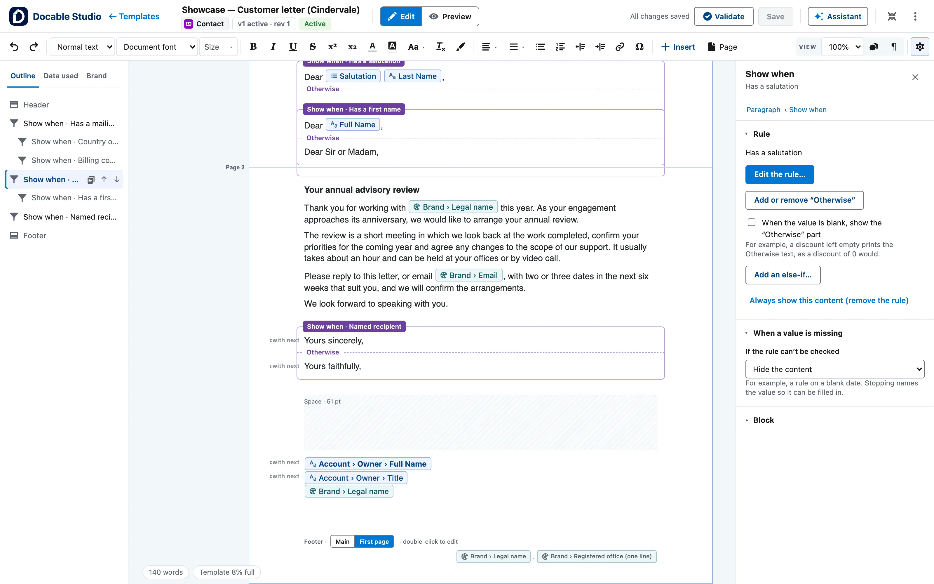 A customer letter in Edit view with a Show when section selected: the rule in the right panel, Edit the rule, and Add or remove Otherwise.