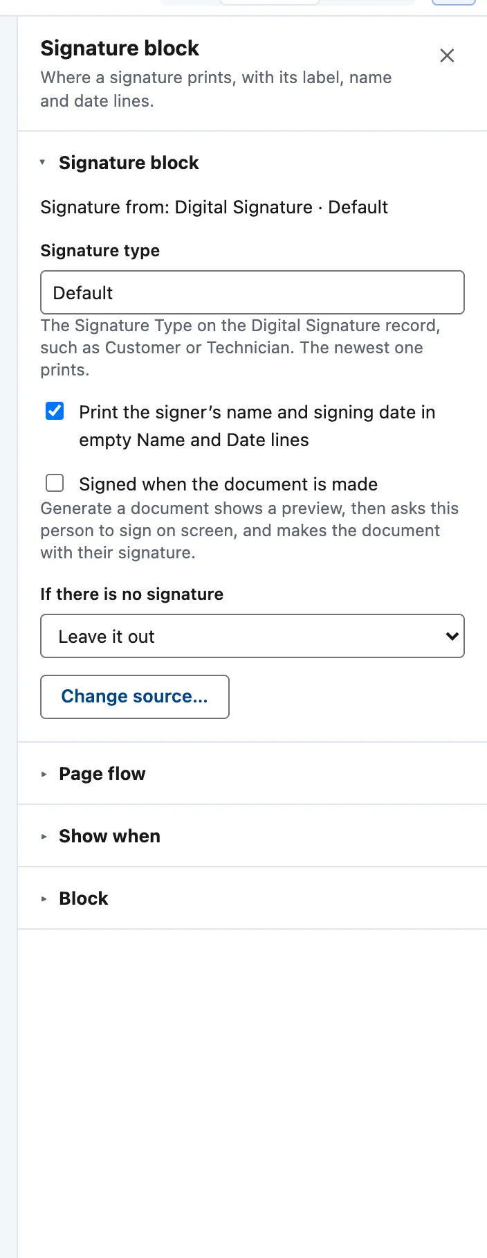 The Signature block panel: Signature from Digital Signature, Signature type, Print the signer's name and signing date, Signed when the document is made, and If there is no signature.