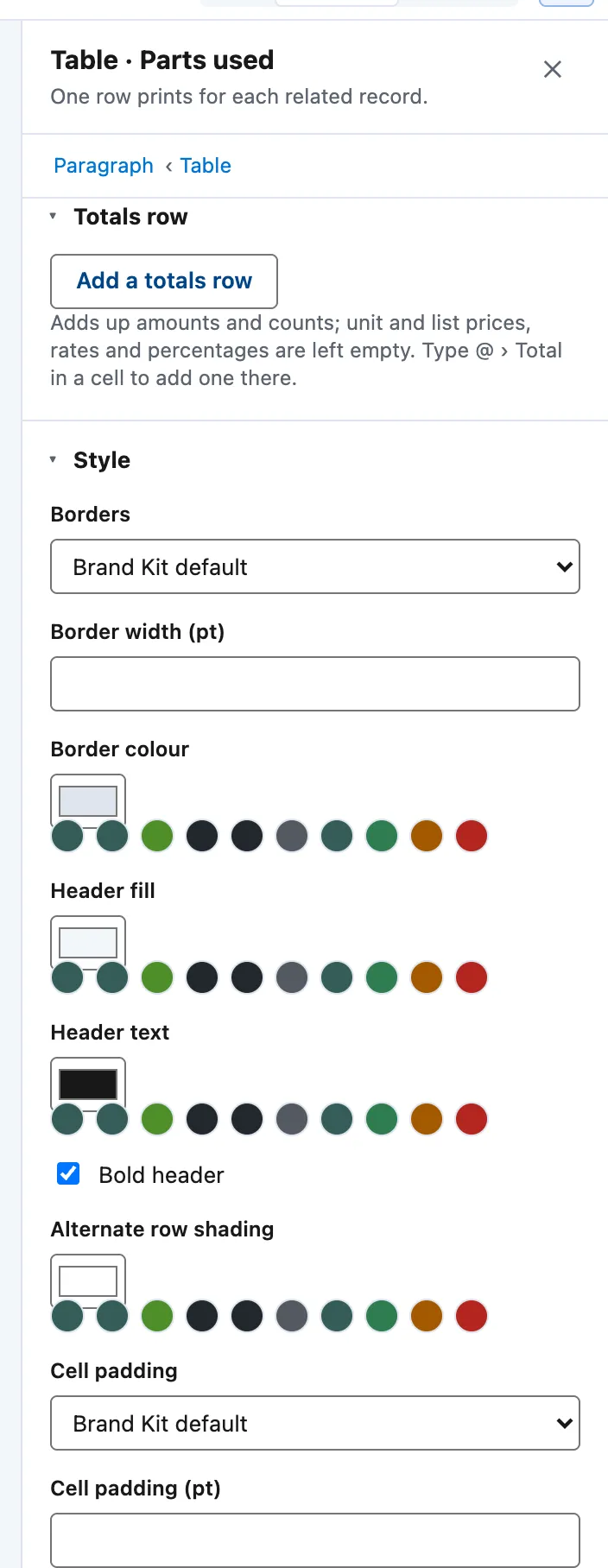 A table panel's Totals row section with Add a totals row, and the Style section under it.