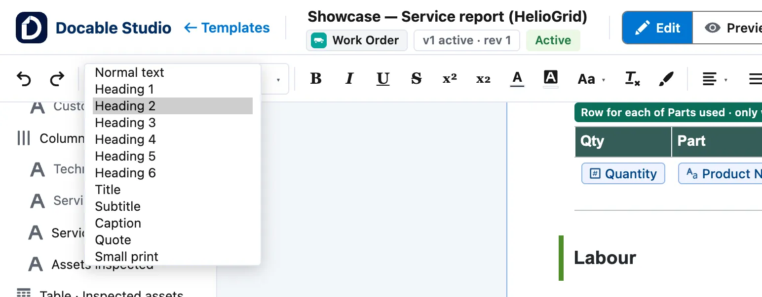 The toolbar's text style list: Normal text, Heading 1 to Heading 6, Title, Subtitle, Caption, Quote and Small print.