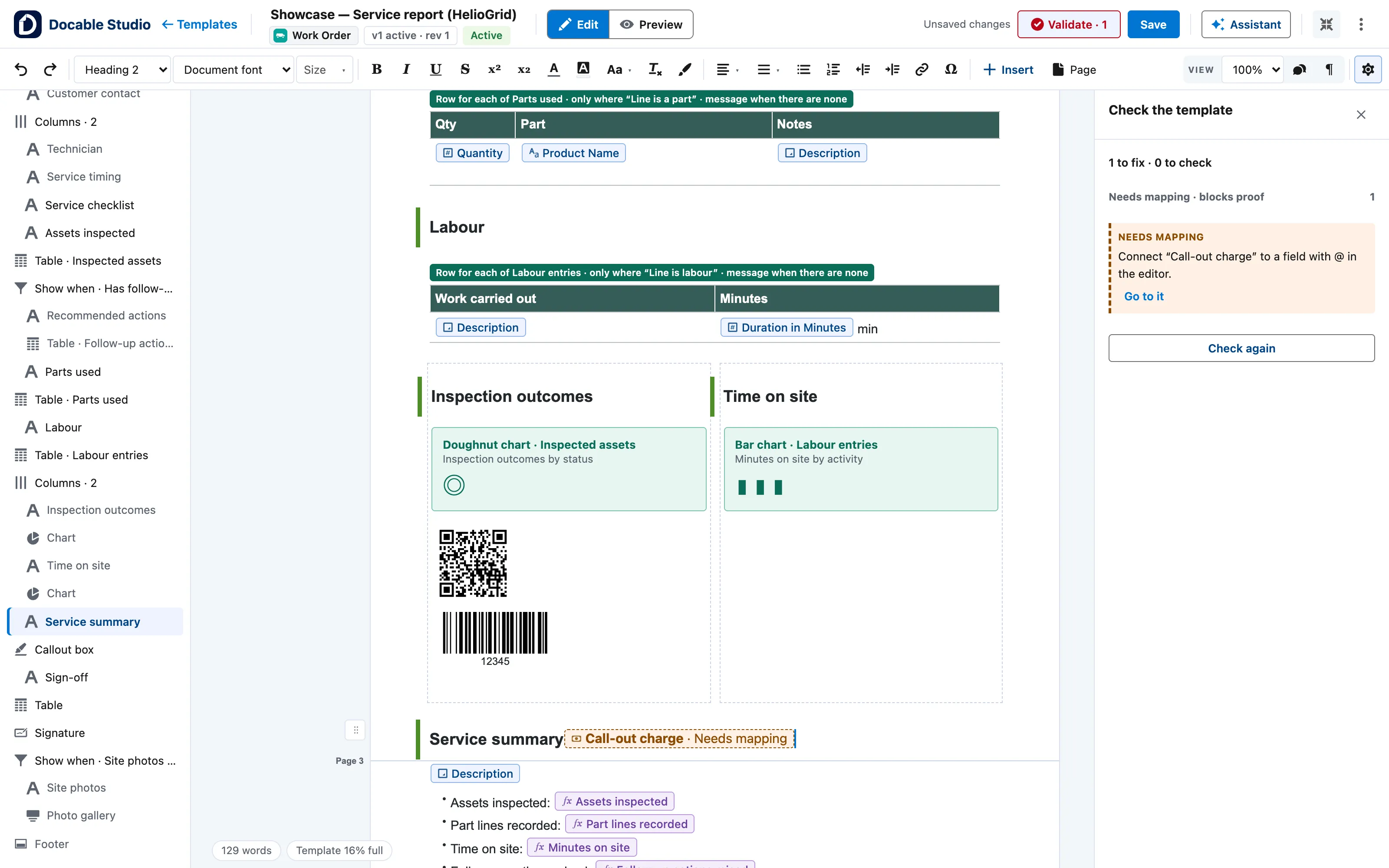 Validate on a template with a problem: 1 to fix · 0 to check, the Needs mapping item with Go to it, the chip it points to on the page, and Check again.