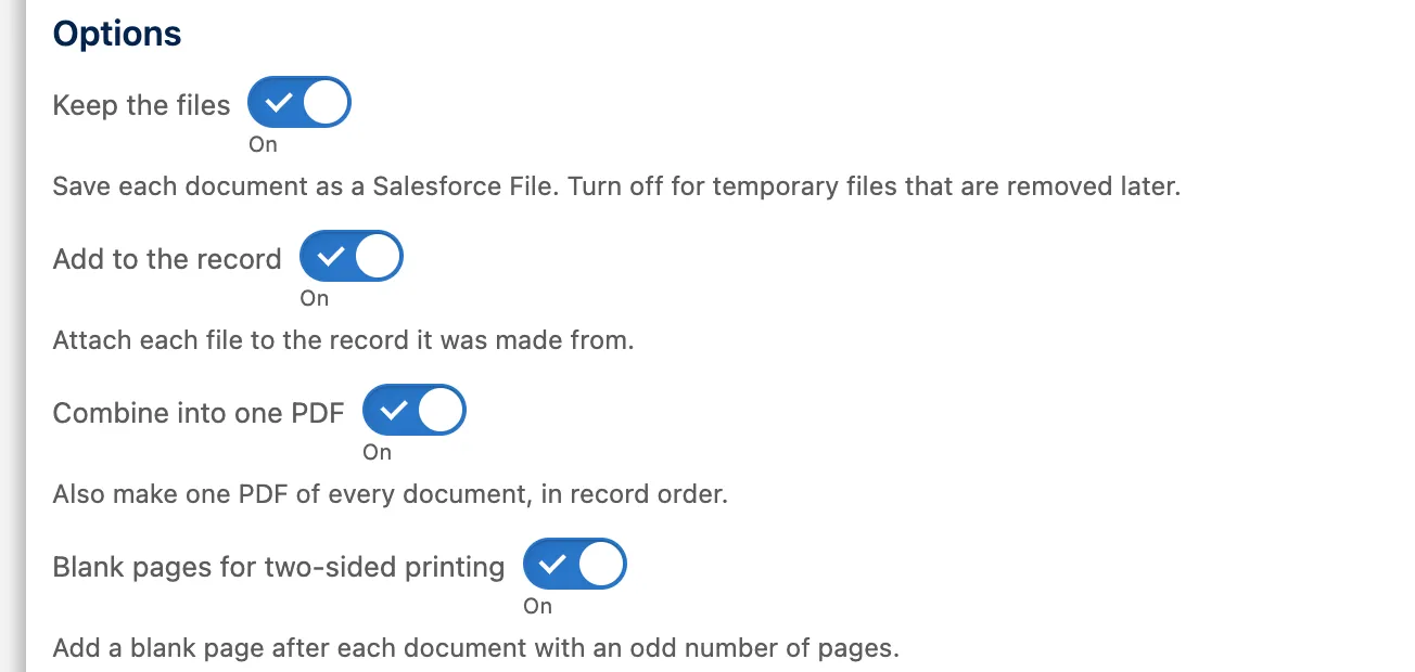 The action's Options: Keep the files, Add to the record, Combine into one PDF and Blank pages for two-sided printing, all on.