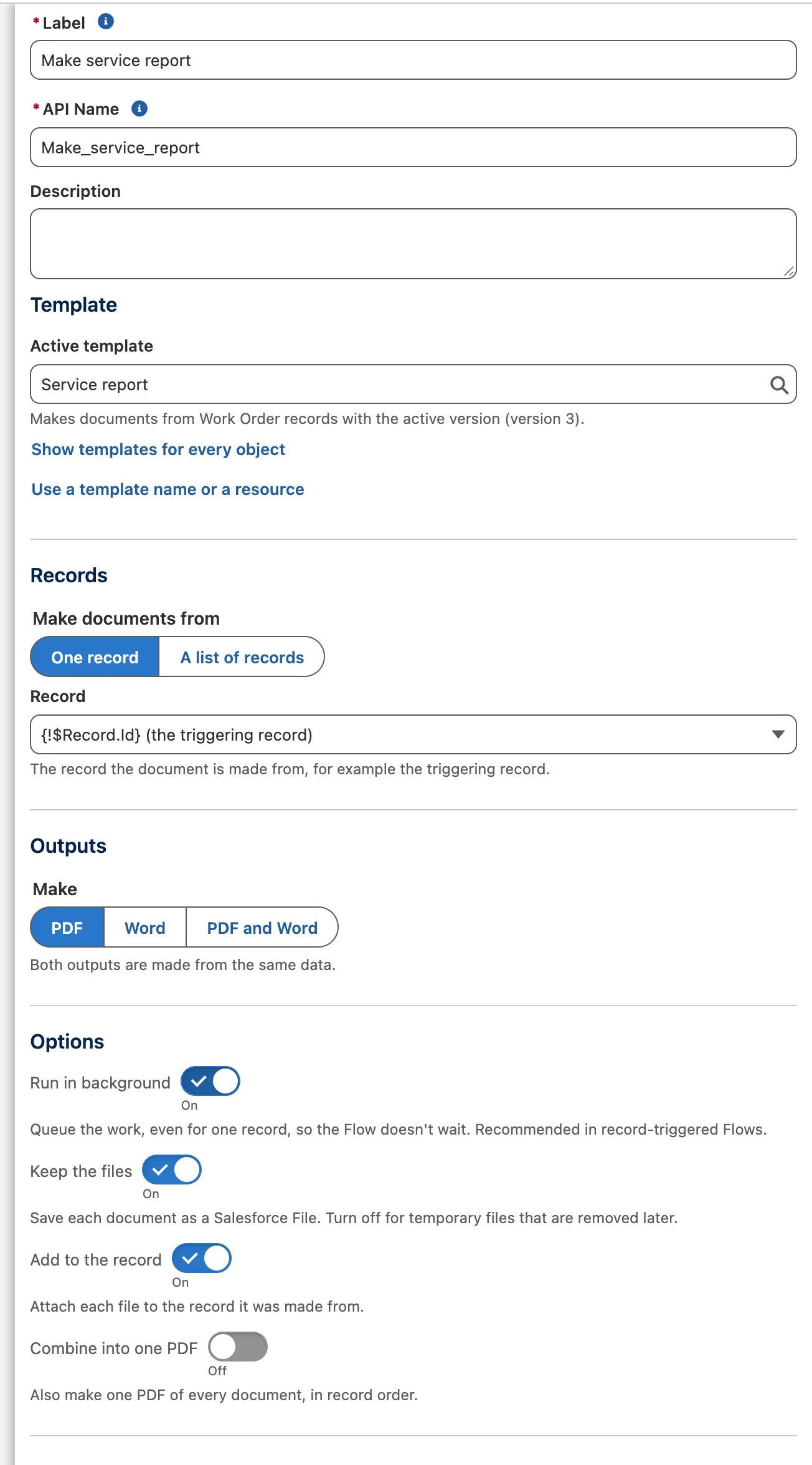 The Generate Docable document action: the active template chosen, Record Id set to the triggering record, Make PDF, and Run in background on.
