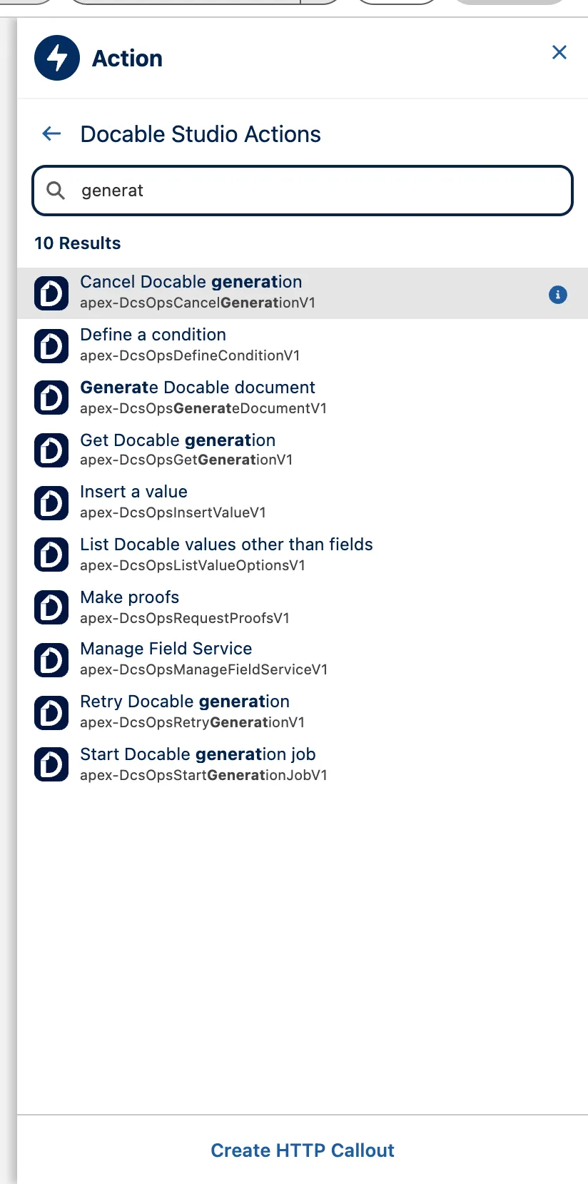 Flow Builder's action picker filtered to the Docable Studio category: Generate Docable document and Start Docable generation job among the results.