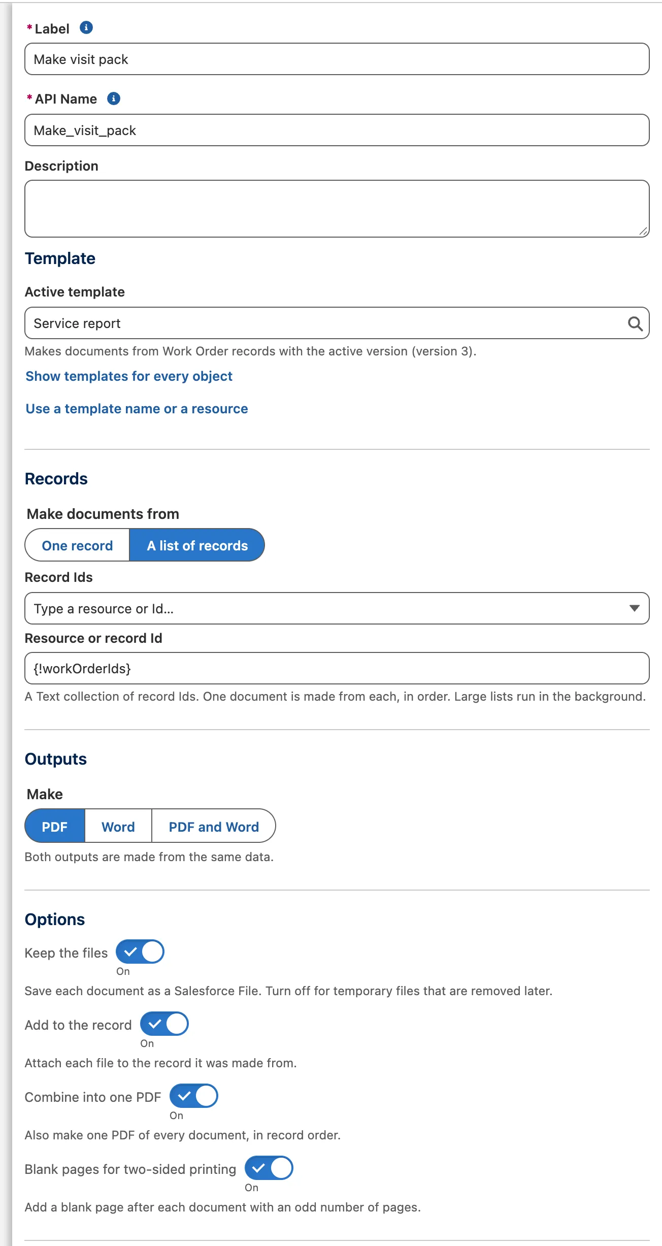 The Start Docable generation job action: the active template, A list of records from a collection, Make PDF, and Combine into one PDF on.