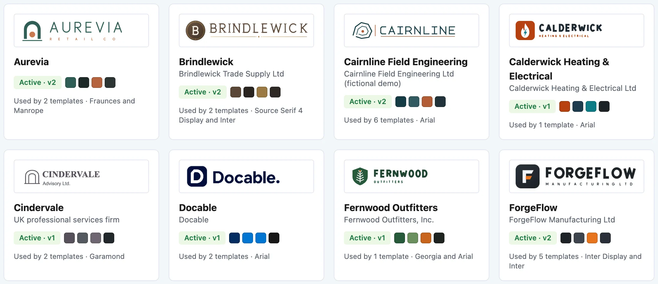 Eight Brand Kit cards, one company each: logo, name, version, four brand colours and the templates that use it.