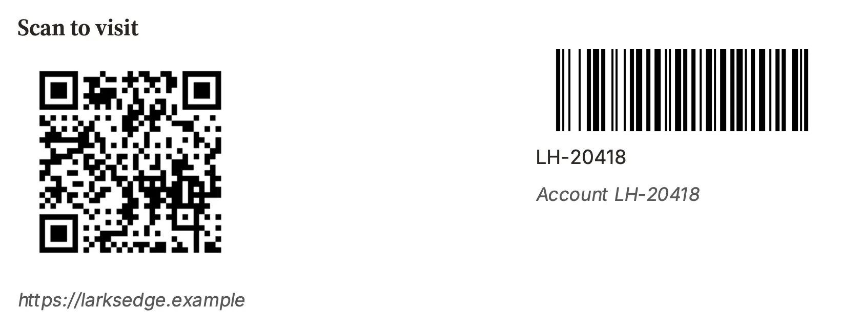A Scan to visit section of a generated Brindlewick document: a QR code of the customer's website and a barcode of their account number.