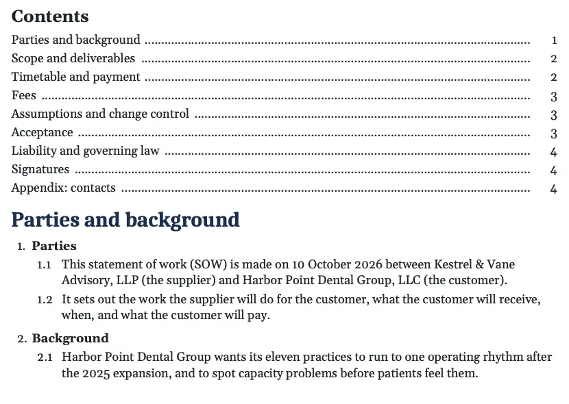 A table of contents in a generated Kestrel & Vane statement of work, nine sections with dotted leaders to their page numbers, followed by numbered clauses 1.1, 1.2 and 2.1.