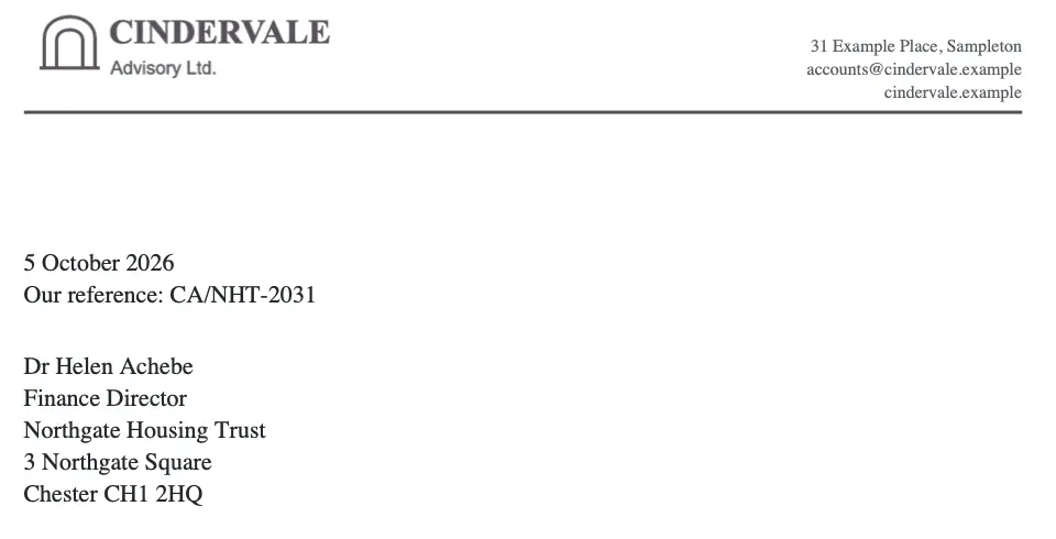 The top of a generated Cindervale letter: the logo and address in the letterhead, the date and reference, and the recipient address block.