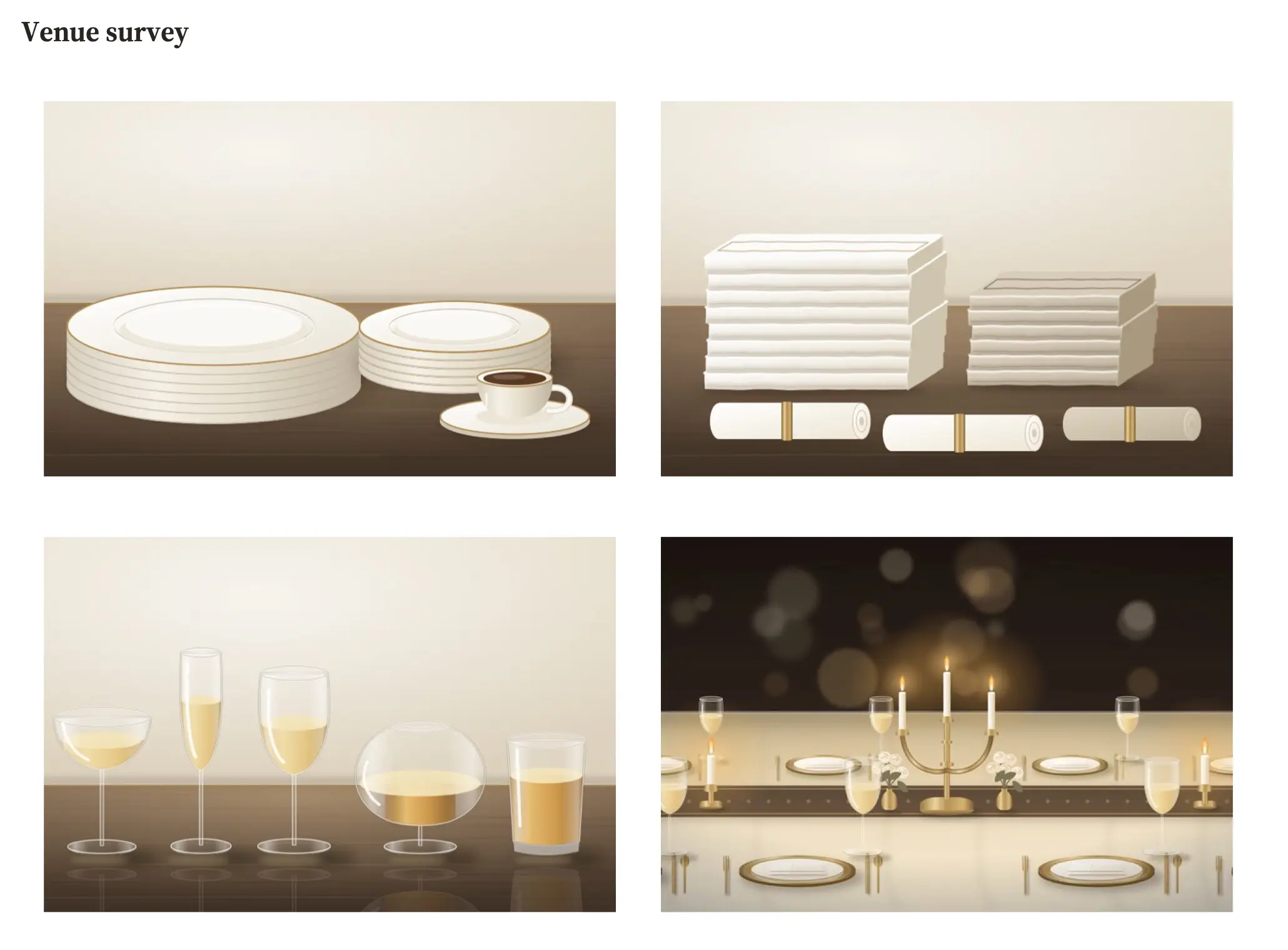 A Venue survey section of a generated Brindlewick document: four photos from the account's files in a two-by-two gallery, of plates, folded linen, glassware and a candlelit dining table.