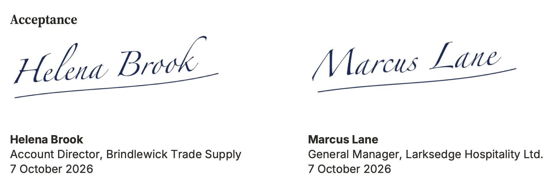 An Acceptance section of a generated Brindlewick document: two handwritten signature images side by side, each above a name, job title and date.