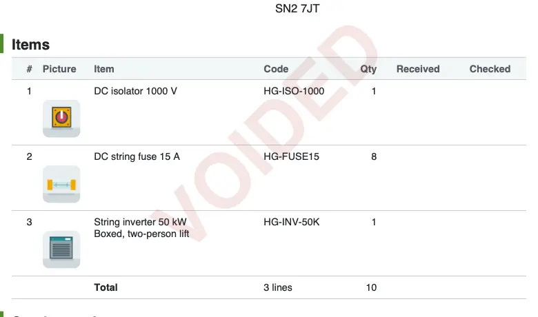 The items table of a HelioGrid parts transfer note whose status is Voided: a faded red VOIDED watermark runs across the rows, which show a picture of each part, its code and quantity.